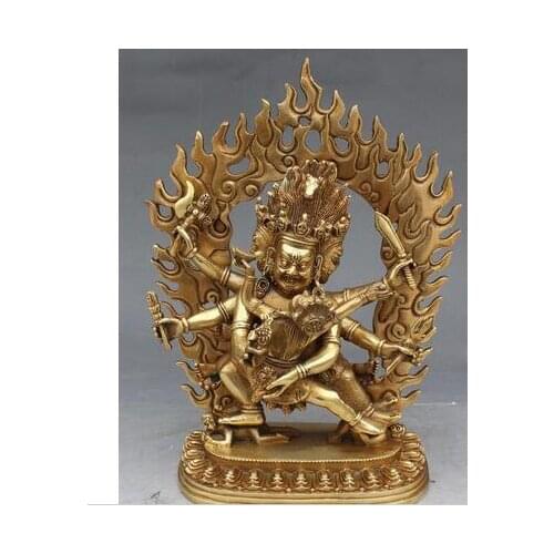 Collecting OLD copper decoration bronze 10" Tibet Buddhism Bronze 3 Head 8 Arms Mahakala Wrathful Deity Buddha Statue