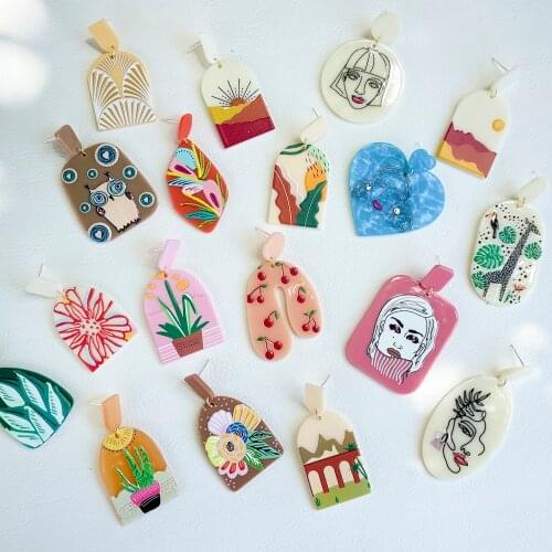 Lost Lady Korean Colorful Geometric Resin Drop Earrings for Women Fashion Statement Printing Dangle Earrings Party Jewelry Gift