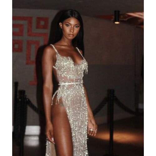 Sexy High Split Mermaid Evening Dresses Custom Made Spaghetti Strap Shiny Tassel Prom Dress See Thru Beading Formal Party Gowns