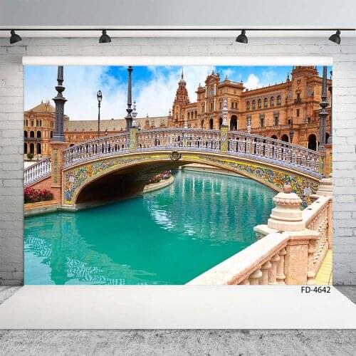 Vintage Building Bridge River Photo Backdrop Customized Backgrounds for Wedding Children Portrait Photoshoot Photography Props