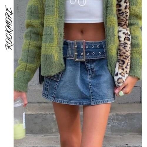 Rockmore WomenS Jeans Skirt With Belted Mini Denim Skirt Korean Y2K Low Waist Short Skirt Summer Harajuku Pockets E Girl Bottom