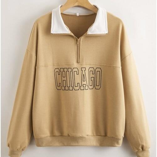 Dark Blue Letter Printing Zip Up Collar Sweatshirt Women Vintage Brand Fashion Oversized Loose Casual Streetwear New Long Sleeve