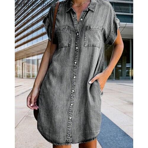 Plus Size 5XL Women Solid Color Button Front Short Sleeve Pocket Denim Shirt Dress
