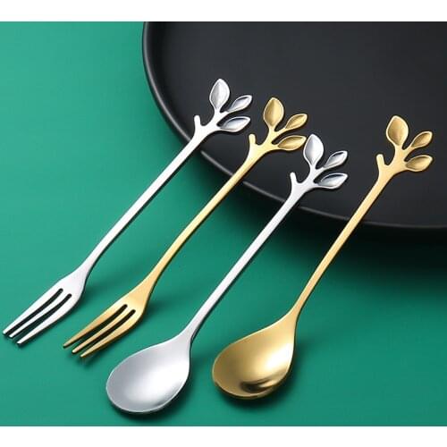 4Pcs Durable Stainless Steel Spoon Creative Branch Leaves Spoon/Fork Coffee Stirring Spoon Dessert Spoon Scoop Kitchen Tableware