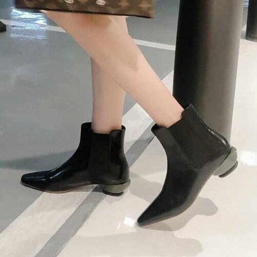 EshtonShero Winter Shoes Woman Leather+PU Slip On Ankle Boots Low Heel Square Toe Black Classic Ladies Wedding Boot Size 34-41
