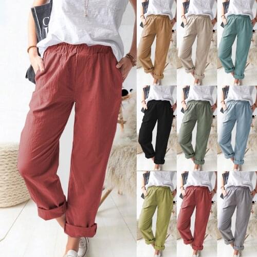 Wide Leg Pants Women Clothing Solid Pants Women Cotton Linen Loose Elastic Waist Casual Pants Summer 2021 New Comfortable#G30