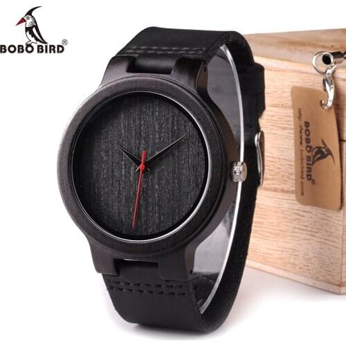 BOBO BIRD WC22 Ebony Wood Watch With Red Pointer Leather Band Japan Miyota 2035 Movement Quartz Watches For Men Women