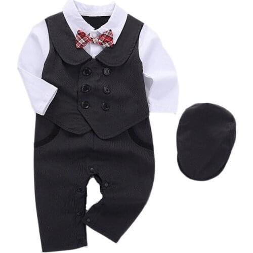 Baby Rompers Set For Newborn Clothes Boys Hat With Romper 2 piece/set Long Sleeve Children Gentleman One-pieces Black&White