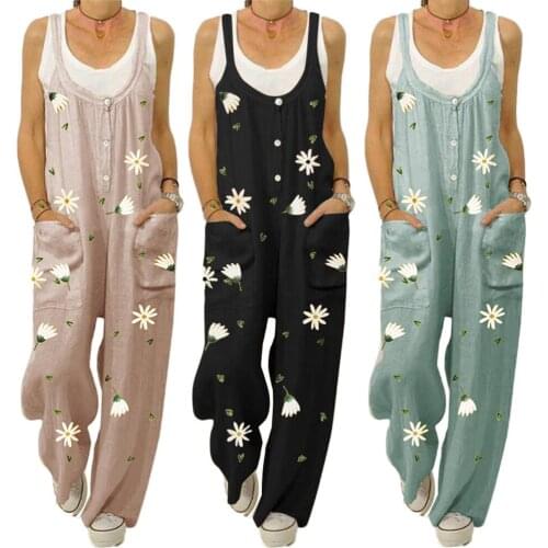 Women Stylish Buttons-Sleeveless Marguerite Print Pockets Jumpsuit Bib Overall Strappy Dungarees Vintage Cotton Rompers