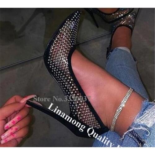 Linamong Shining Rhinestone Pointed Toe Stlietto Heel Pumps Bling Bling Slip-on Crystal High Heels Formal Wedding Dress Shoes
