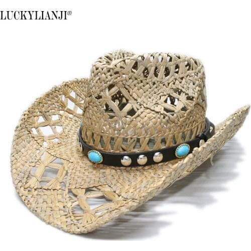 LUCKYLIANJI Womens Mens Unisexs Vintage Wide Brim Straw Sun Beach Cowboy Cowgirl Western Hat Turquoise Leather Band (58cm)
