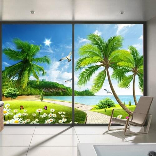 Decorative window glass stickers custom bathroom bedroom office sliding door beach landscape frosted film