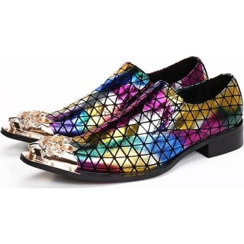 European Style Mens Formal Shoes Party Office Shoes Iron Pointed Toe Slip On Glitter Mixed Color Shoes Calçado Masculino