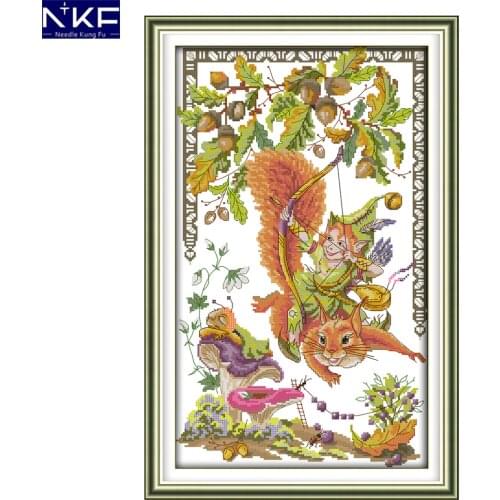 NKF Squirrels and Elve Animal Counted Cross Stitch 11CT 14CT Cross Stitch Kits Embroidery for Home Decor Needlework Cross Stitch