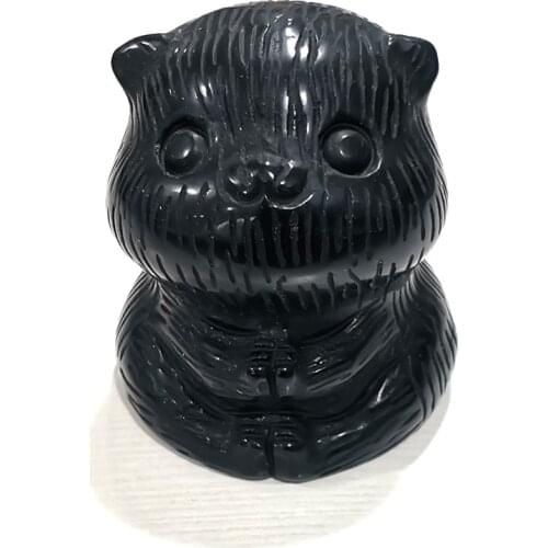 Natural Obsidian Cartoon Fat Cat Figurine Hand Carved Quartz Kitty Doll Statue Crafts Healing Crystal Stone Home Decoration Gift