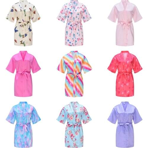 Wholesale Girls Solid Silk Satin Kimono Robes Kids Children Bathrobe Sleepwear Bath Nightgown for Wedding Spa Party Birthday