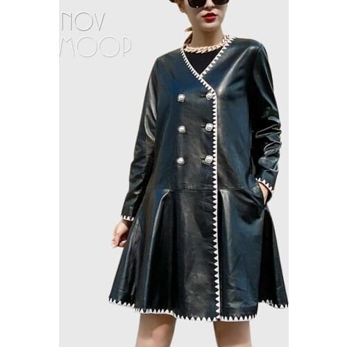 Novmoop 2020 A/W genuine leather sheepskin women coat with cotton thread embroidery hem elegant style LT3268