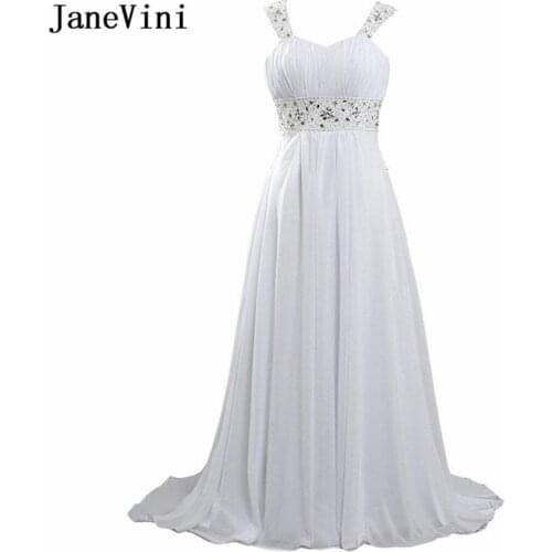 JaneVini 2018 Sexy White Long Bridesmaid Dresses with Sequins Beads V Neck Backless Chiffon Sweep Train A Line Formal Prom Gowns