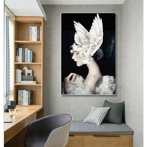 Poster Modular Pictures Wall Artwork Prints Black And White Fashion Woman Dove Wings Hat Nordic Style Canvas Painting Home Decor