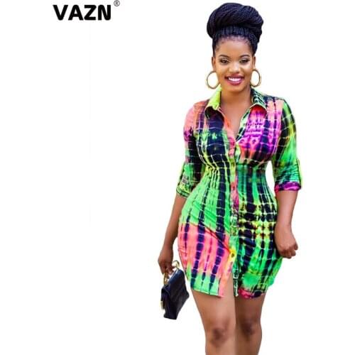 VAZN 2020 New Colorful Print Sexy Bandage High Street Hip Pop Dresses V-Neck Full Sleeve Dress Sexy Beach Mini Dress