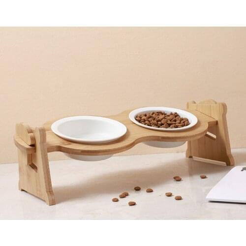 Raised Pet Bowls For Cats And Dogs, Adjustable Bamboo Elevated Dog Cat Food And Water Bowls Stand Feeder With 2 Ceramic Bowl