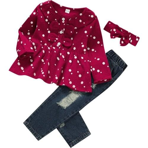 Infant Baby Girls Casual Three-piece Clothes Set, Dots Printed Pattern Pullover, Elastic Waist Jeans and Headdress