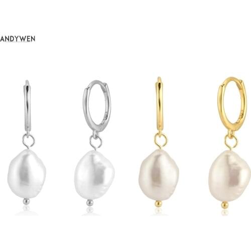 ANDYWEN 925 Sterling Silver Gold Irregular Pearl Drop Earring Women Fashion Luxury Crystal Dangle Women Fashion Jewels Clips