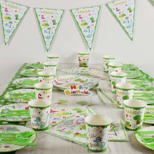 Dinosaur Party Tableware Set Paper Plate Cup Napkins Tablecloth Banner Cake Topper Happy Birthday Event Party Supplies for Kids