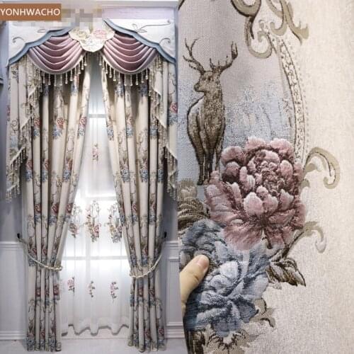 Custom curtain thick chenille European embroidered high-end bedroom villa beige cloth blackout curtain valance tulle panel C748