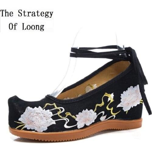 Spring Autumn National Style Pointed Toe Embroider Flowers Height Increasing Shallow Cross-tied Canvas Women Pumps Shoes 201009