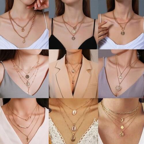 Boho World Map Pendant Necklace for Women Multilayer Gold Map Circle Cross Letter Moon Choker Chain Necklaces Jewelry Collar