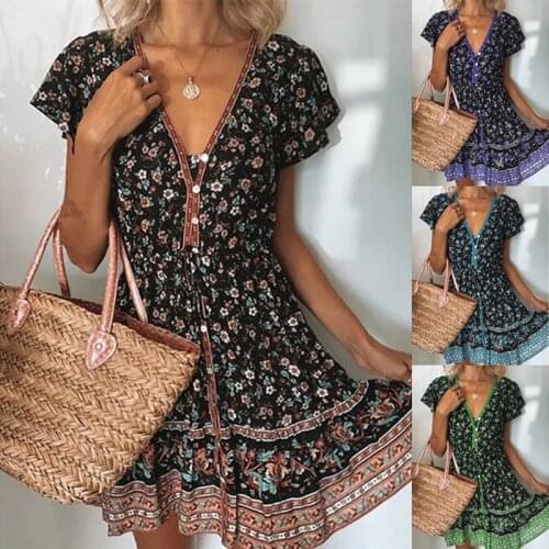 Woman Dress Floral Print Short Sleeve Deep V-Neck Dresses Bohemia Style Mini Dress Summer Beach Wear Fashion Women Clothes