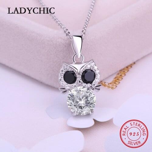 LADYCHIC Authentic 100% 925 Sterling Silver Animal Lovely Owl Pendant Women Necklace Shining Clear Zircon Silver Jewelry LNS1005