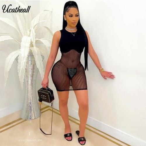 Summer 2021 Sexy Srripe Women Dress Sexy Transparent Mesh Stitching Package Hip Dress Women O-neck Hollow Out Party Dress