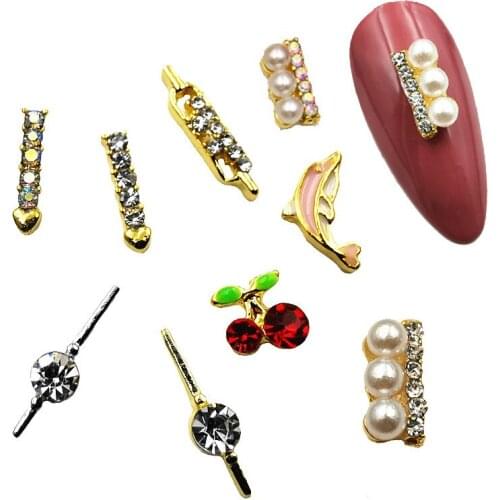 10pcs/pack Japan Alloy Nail Art heart arrow dolphin cherry watch with rhinestone pearl Metal Accessorie bride Nail Sticker DIY