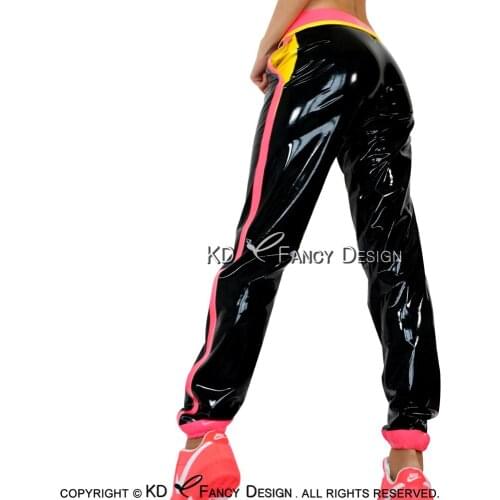 Black And Yellow Pink Trims Sexy Latex Leggings With Pockets Lacing Front Rubber Pants Trousers CK-0045