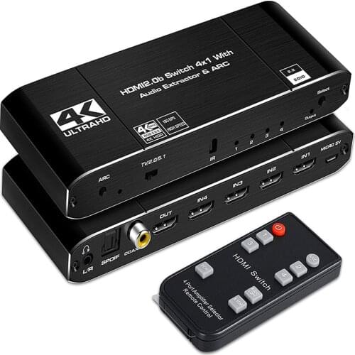 Black HDMI 2.0 Audio Splitter HD 4 in 1 out with 3.5mm Audio Separation HDMI switcher 4×1 4K@60Hz Switcher