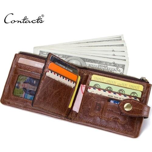 CONTACTS genuine leather wallet for men card holder mens short wallet casual purse small walet carteira masculina mens cuzdan