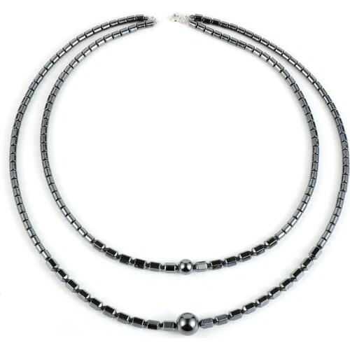 Unisex Men Women Double Layer Engrey Black Hematite Round Pendant Necklace Punk Rock Boho Natural Stone Beads Choker Necklaces