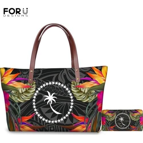 FORUDESIGNS New Style Ladies Tote Shoulder Bag Set Chuuk Polynesia Tropical Brand Design PU Leather for Women Handbag Purse 2pcs