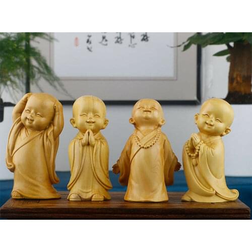 JM023 - 8.2* 4.2 * 3.3 CM Hand Carved Boxwood Figurine - Set of 4 Little Monk Boys