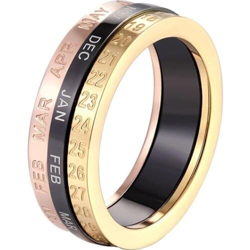 Beautiful Exquisite Three Color Month And Month And Dates Can Be Rotated Ring Titanium Steel Top Quality Woman Love Ring Gift
