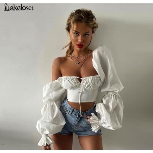 Square Neck Low Cut Ladies Tops Blusas Women Long Lantern Sleeve Shirt Slim Waist Elegant Chic Tunic Blouse Tops