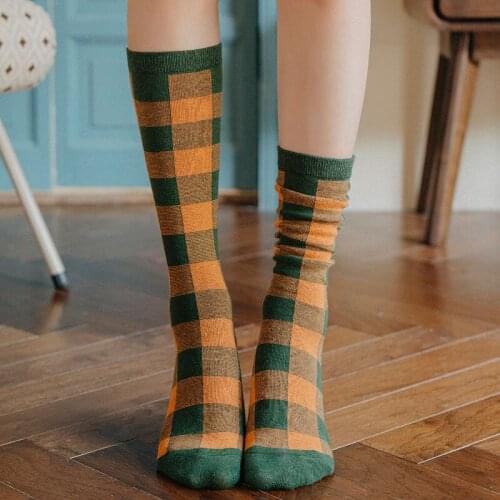 4 Pairs Pack Trendy Plaid School Girl Mid-calf Cotton Socks