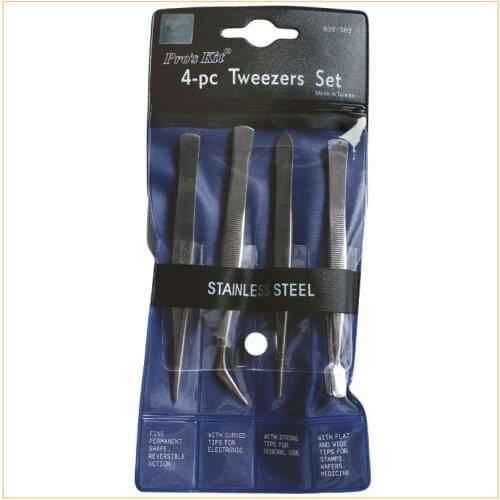 Proskit 4 Stainless Steel Tweezers Set 808-389 Pointed Flat Beak Elbow Rebound Tip Non-magnetic Clamp Hand Tool