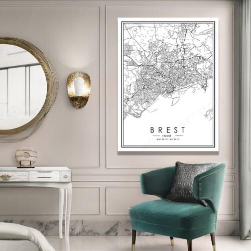 Black And White World City Map Brest Wall Art Canvas Poster Prints Nordic Style Paintings Picture For Living Room