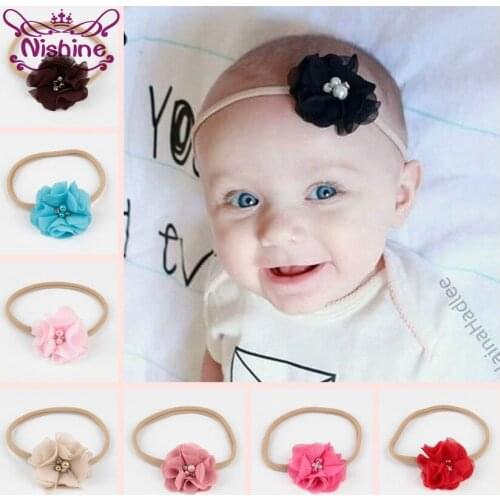 Nishine 1PCS 24 Colors Chiffon Flower Nylon Headband Elastic Kids Headdress Hair Accessories Newborn Photography Props
