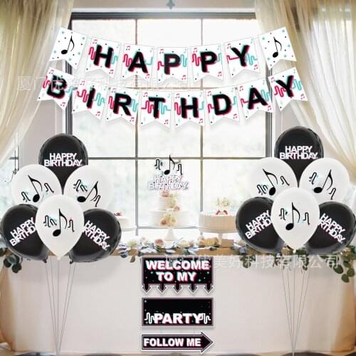 New Birthday Printing Banner Balloon Cake Topper Music Sign Flags Toppers Decor Supplies Set