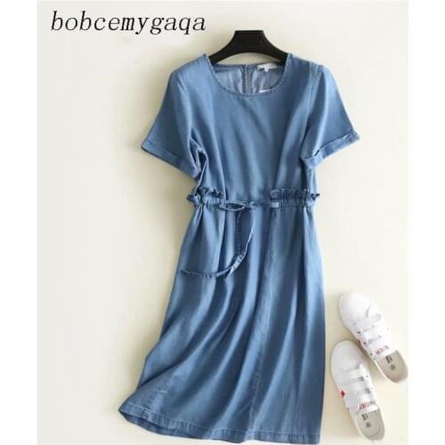 Summer soft denim midi dress women frill tied waist lace up o neck pleated Jeans dresses short sleeves casual blue cotton dress