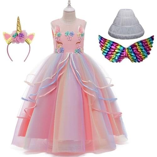 Christmas Unicorn Rainbow Flower Girl Wedding Party Dress For Lucky Girl Birthday Party Long Dress Role Dance Performance Dress